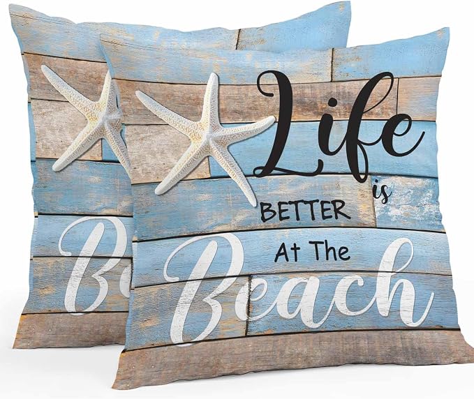 Summer Outdoor Pillow Covers Set of 2,Ocean Life Texts Starfish Decorative Waterproof Throw Pillow Case,Retro Blue Wood Plank Cushion Pillowcases for Couch Garden Patio Beach,18x18In