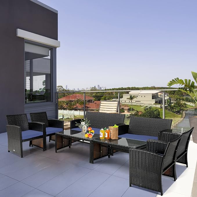 Tangkula 8 Pieces Rattan Furniture Set, Outdoor Conversation Set w/Chair & Loveseat & Tempered Glass Coffee Table, Suitable for Garden, Backyard, Poolside, Patio Furniture Set for 8 (2, Blue)