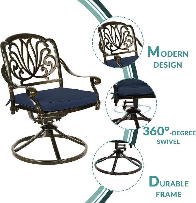 MEETWARM 3-Piece Outdoor Patio Dining Set, All-Weather Cast Aluminum Patio Conversation Set - 2 Cushions Swivel Rocker Chairs and 35.4" Round Table for Backyard Garden Deck, Umbrella Hole, Navy Blue