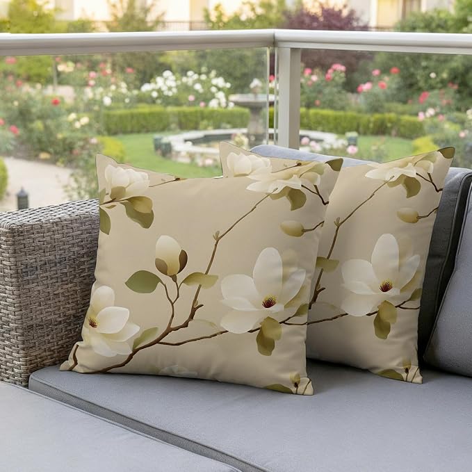 Vintage Floral Outdoor Pillow Covers 20"x20" Set of 2, Magnolia Flowers Branches Rustic Botanical Beige Waterproof Throw Pillow Covers for Patio Furniture, Decorative Cushion Covers for Porch