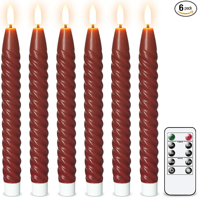 Flameless Taper Candles Real Wax Flickering with Remote Timer, Brownish Red 3D Wick LED Spiral Candles Battery Operated 6 Pack 9.8 inch, Wedding Birthday Home Party Holiday Dinner Decor