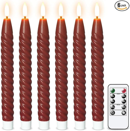 Flameless Taper Candles Real Wax Flickering with Remote Timer, Brownish Red 3D Wick LED Spiral Candles Battery Operated 6 Pack 9.8 inch, Wedding Birthday Home Party Holiday Dinner Decor