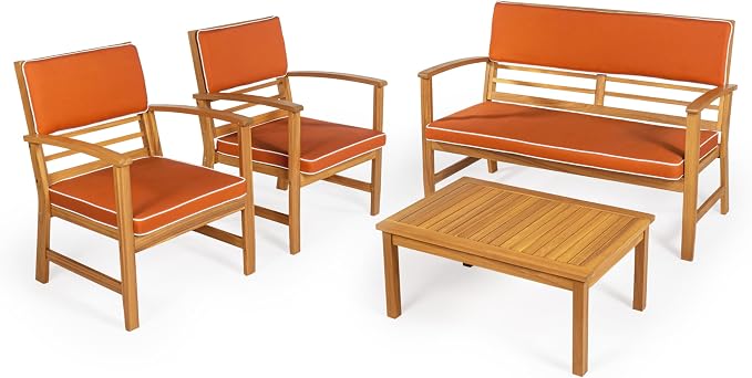 JONATHAN Y Barclay Modern 4-Piece Acacia Wood Outdoor Patio Set, Conversation Seating Group with Removable Cushions and Coffee Table for Backyard, Porch, Garden, Poolside, Orange LVG1000D-4SET