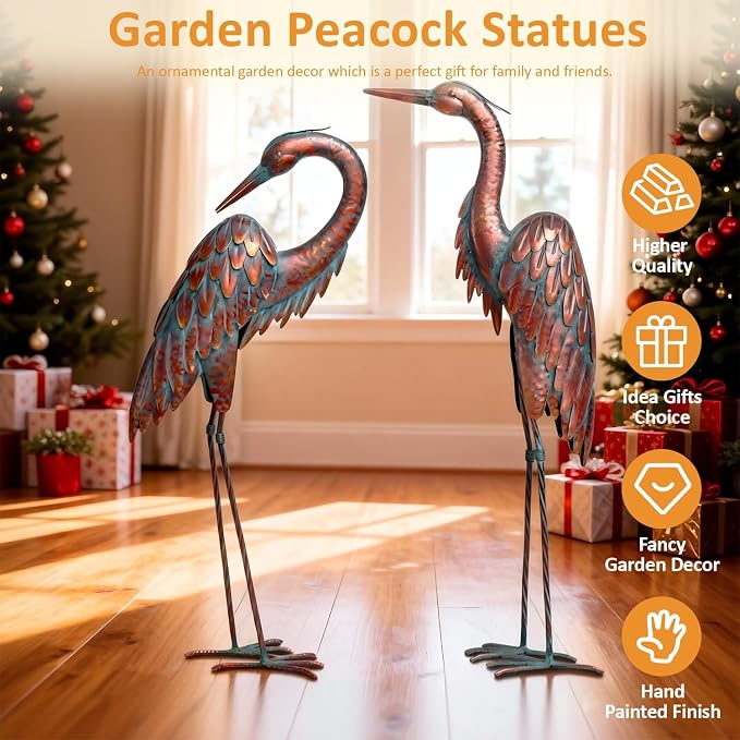 Kircust Outdoor Metal Heron Statues, Crane Sculptures for Garden Yard | Bronze 27.56" Tall, Set of 2 Heron Sculptures, Weatherproof, Patio Decor, Art