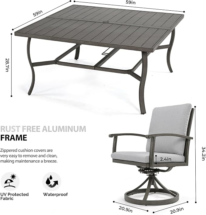 HAPPATIO Patio Dining Set, Aluminum Outdoor Dining Set for 8, 59" Large Square Dining Table with Umbrella Hole and 8 Swivel Chairs, Outdoor Table and Chairs for Lawn Yard Patio
