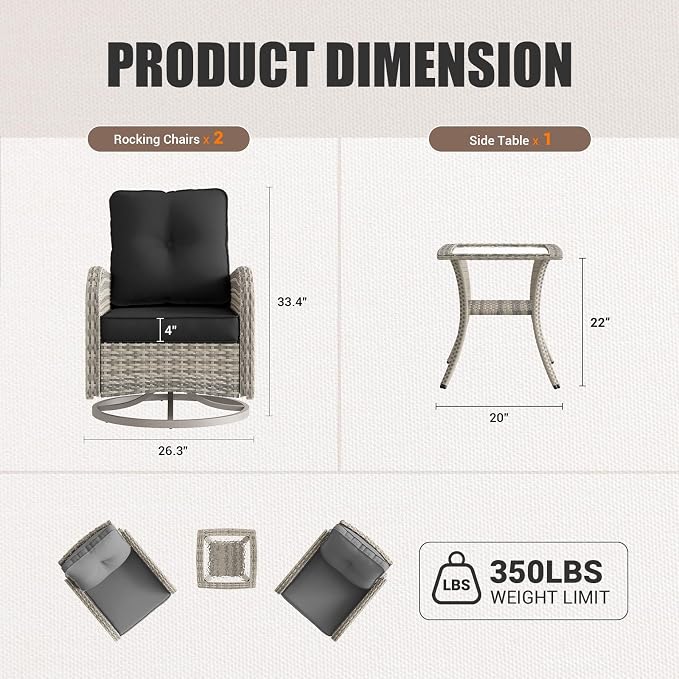 Patio Rocking Swivel Chair Outdoor Wicker Rattan Bistro Set with Tempered Glass Side Table, Outdoor Patio Furniture Set for Garden, Deck, and Balcony, Dark Grey