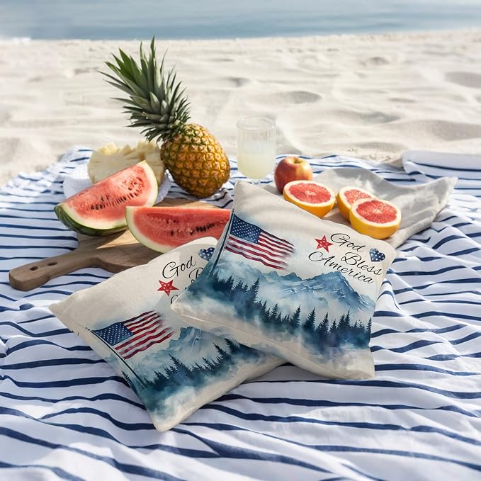 4th of July Outdoor Pillow Covers 24x24 Inch Throw Pillow Covers Set of 2 Waterproof Decorative Pillow Cases Independence Day American Flag Forest Cushion Covers for Patio Furniture Garden Couch Sofa