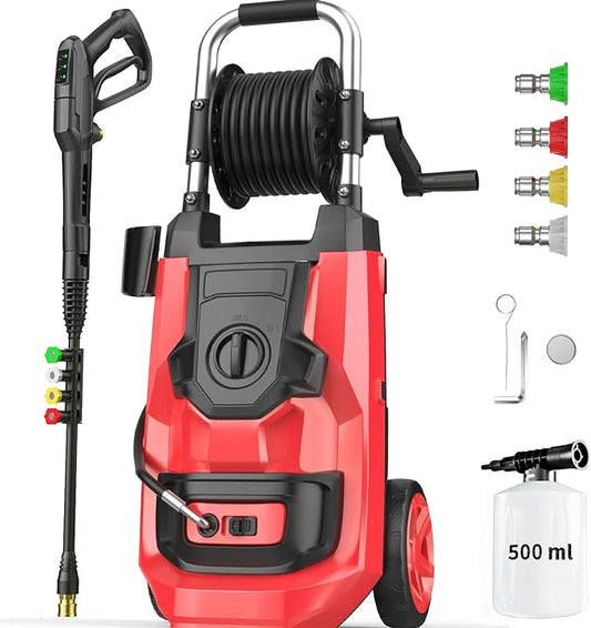 Electric Pressure Washer 5000 PSI Adjustable Pressure, Power Washer Electric Powered with 33ft Pressure Hose, 4 Nozzles and 500ml Foam Cannon, Powerwashers for Home, Red