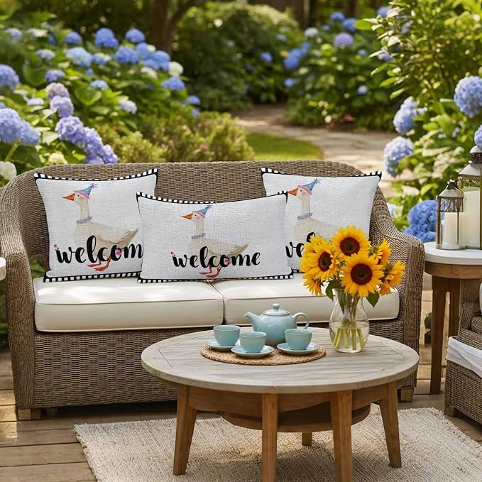 Welcome Duck Outdoor Pillow Covers 16x16 Inch Throw Pillow Covers Set of 2 Waterproof Decorative Pillow Cases Funny Animal Duck in Flim Flowers Black Gray Cushion Covers for Patio Furniture Garden