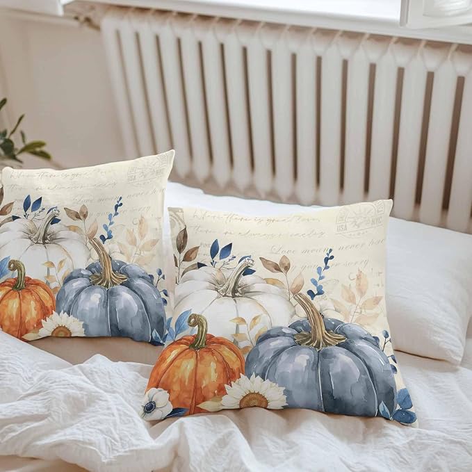 Fall Outdoor Throw Pillows Covers 16x16 inch Set of 2 Waterproof Blue White Pumpkin Zippered Cushion Covers for Patio Furniture, Autumn Eucalyptus Leaves Floral Thanksgiving Lumbar Pillowcases