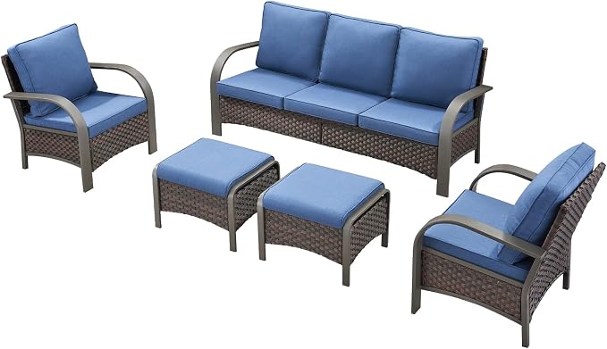 HUMMUH Outdoor Patio Conversation Furniture Sets-Deep Seating Wicker Patio Chairs with Patio Sofa Set Outdoor Patio Furniture for Deck Porch Garden Poolside Backyard-Brown/Blue