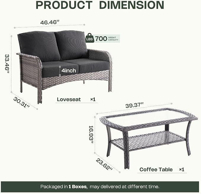 2-Piece Patio Furniture Set, Outdoor Wicker Furniture with Coffee Table, All Weather High Back Loveseat Patio Chairs, Modern Rattan Outdoor Chairs Conversation Set for Porch, Balcony, Garden,Black