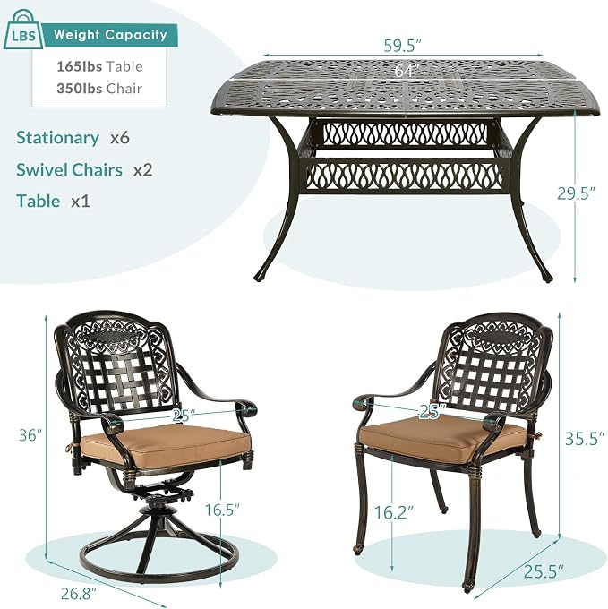 MEETWARM 9-Piece Outdoor Patio Dining Set for 8, All Weather Cast Aluminum Patio Funiture Table and Chairs Set- Large 64" Square Table and 2 Swivel Rocker Chairs, 6 Stationary for Garden, Khaki