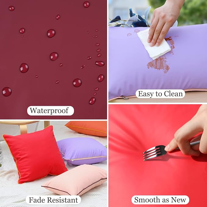 Set of 2 Silicone Leather Pillow Covers 18x18 Inch, Waterproof Soft Smooth Texture Modern Stylish Design for Home Decor Patio Sofa Tent Sunbrella Balcony, Burgundy
