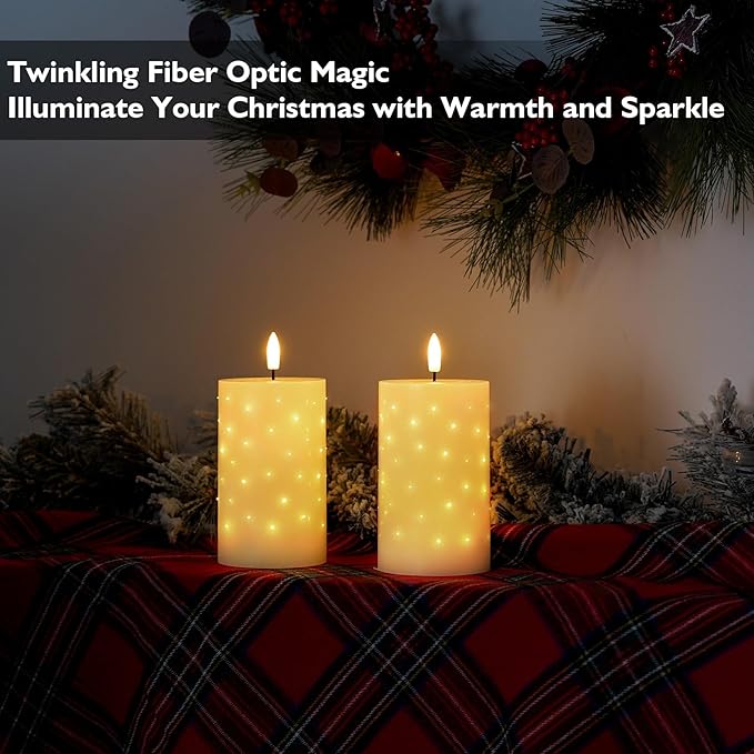 Rhytsing 5 inches White Real Wax LED Candles with Twinkle Fiber Optic Lights, Battery Operated Decorative Candles for Christmas Table Centerpieces, Batteries and Remote Included - Set of 2