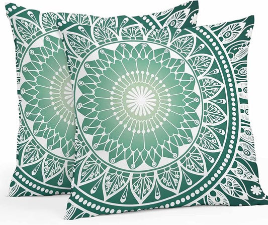 Vandarllin Outdoor Throw Pillows Covers 16x16 inch Set of 2 Waterproof Green Boho Floral Decorative Zippered Cushion Covers for Patio Furniture, Bohemian Sacred Space Art Lumbar Pillowcases