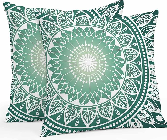Vandarllin Outdoor Throw Pillows Covers 18x18 inch Set of 2 Waterproof Green Boho Floral Decorative Zippered Cushion Covers for Patio Furniture, Bohemian Sacred Space Art Lumbar Pillowcases