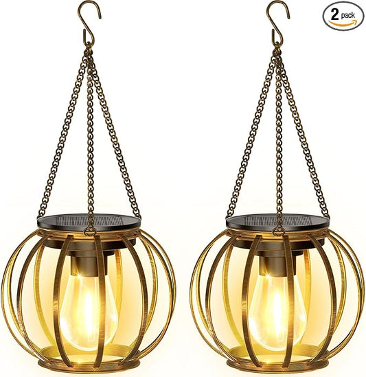 KOOPER Solar Lanterns Outdoor Waterproof, Upgraded Bronze Metal Hanging Solar Lights Outdoor Lanterns, Brighter Auto On/Off Outdoor Hanging Lantern for Yard Patio Pathway Porch Garden Decor 2 Pack