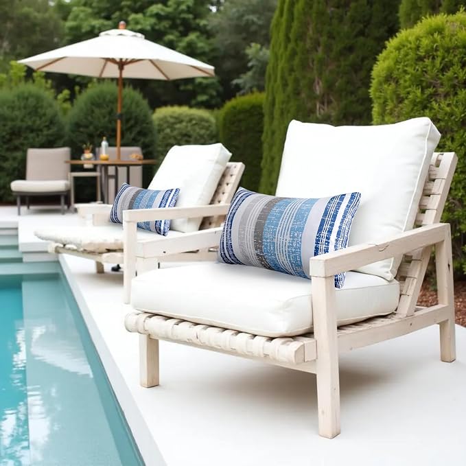 12x20 Waterproof Outdoor Pillows, Set of 2 Outdoor Lumbar Pillows | Patio Furniture Pillows, Decorative Throw Pillows, Waterproof & Fade Resistant, Removable & Washable, Stripe Blue White