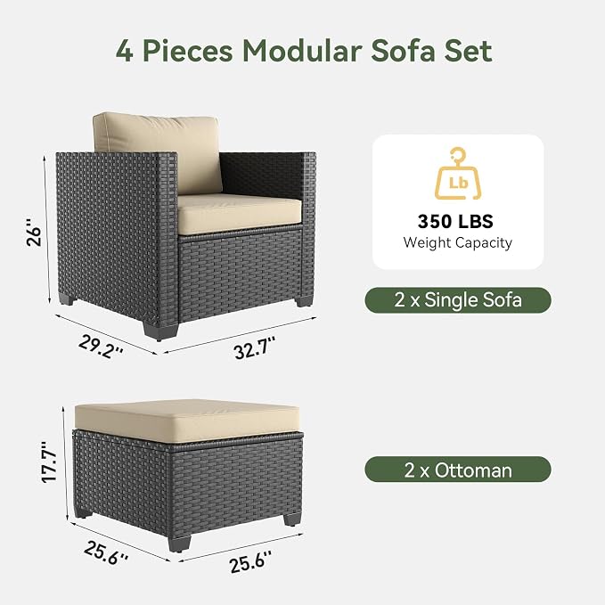 Aoxun 1 Piece 3-Seats Sofa Patio Furniture Set, Wicker Outdoor Furniture Conversation Set with 4" Thick Cushions for Deck Yard and Poolside Beige