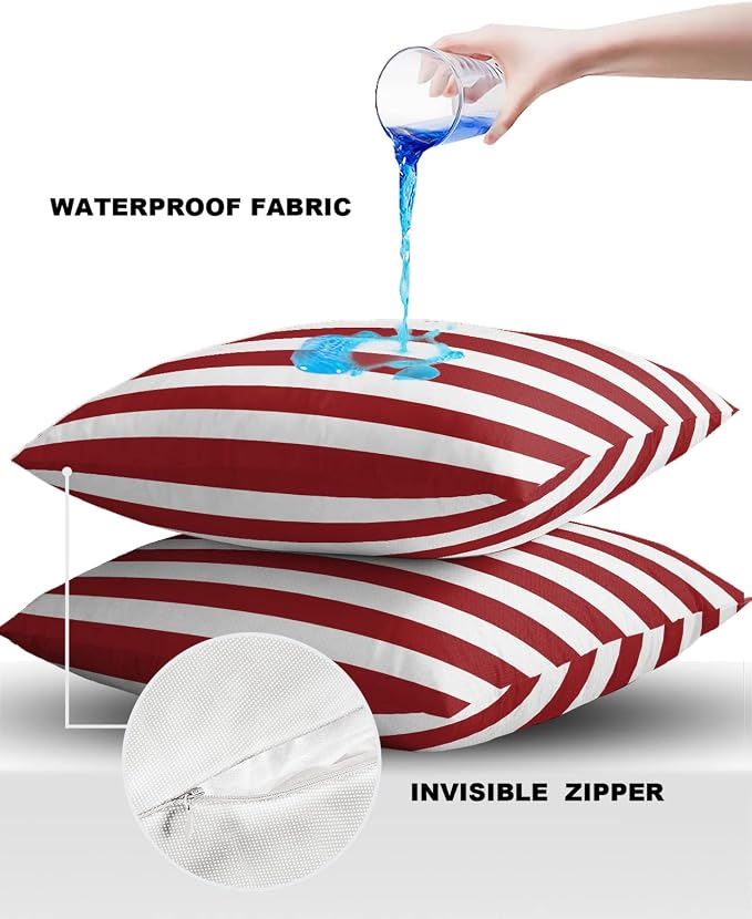 Outdoor Waterproof Pillow Covers for Patio Furniture Merry Christmas Decorative Throw Pillow Cover Red And White Stripes Pillowcases Set of 2 Cushion Case for Sofa Couch Chair Home Decor 26 x 26 In