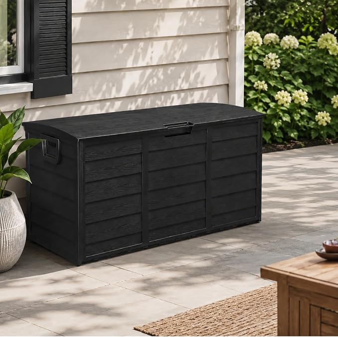 75 Gallon Resin Deck Box, Waterproof Outdoor Storage Box with Wheels, Lockable Lid and Handles, Large Deck Storage for Outdoor Gear, Patio Furniture Cushion, Gardening Tools, Jet Black