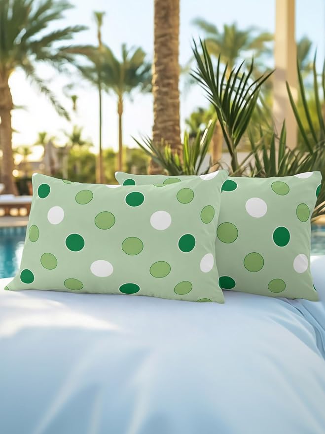Waterproof Outdoor Pillow Set of 2 Green Polka Dots Decorative Throw Pillows Cover & Insert 20x12 Inch Lumbar Pillowcase Funny Circles Spots Pillows for Couch Sofa Bed Patio Furniture Indoor Outdoor