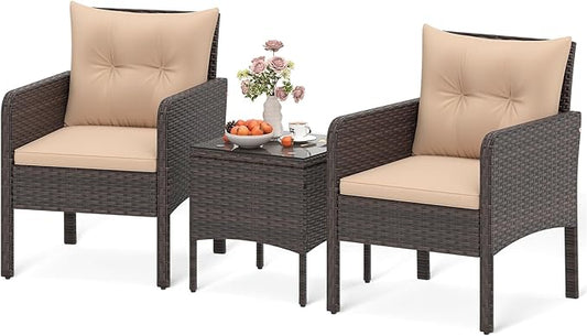 HAPPYGRILL 3 Piece Patio Bistro Set Rattan Wicker Outdoor Conversation Set with Cushions and Coffee Table, Outside Furniture with Rattan Chairs for Porch, Balcony, Deck and Garden (Beige)