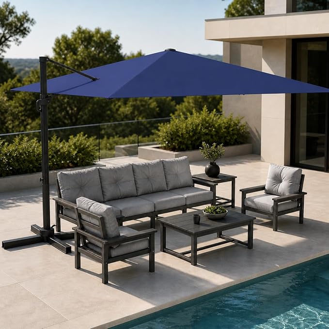 Kingdura 8' X 8' Cantilever Patio Umbrella with Base Included, Large Square Outdoor Offset Umbrella with 360-degree Rotation, 4 Position Tilt, UV Protection for Pool Deck Garden Patio (Navy blue)