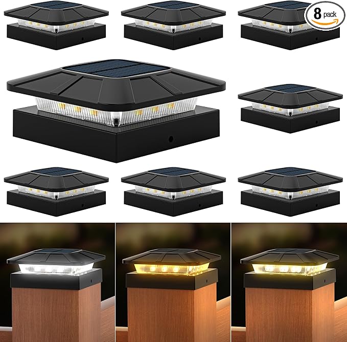 4x4 Solar Fence Post Cap Lights Outdoor Waterproof, 8 Pack | IP65, 3 Modes Auto On/Off,Deck, Garden, Patio, Deck, Backyard, Porch, Sidewalk