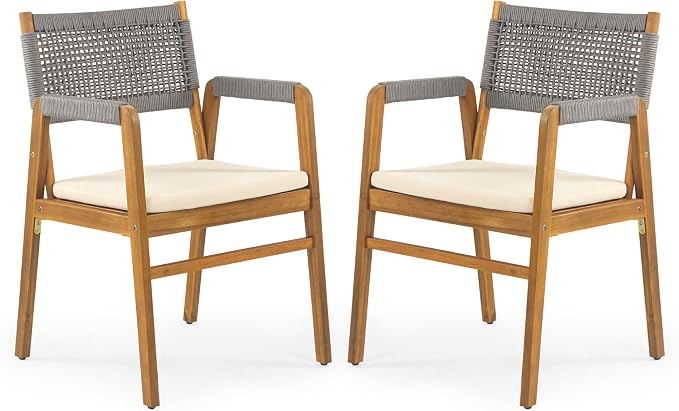 Christopher Knight Home Sky Acacia Wood Dining Table Set for 8, 9 Piece Patio Extendable Dining Table and Dining Chairs Set of 8 with Cushions & Rope Accents, Patio Furniture Set, Teak+Beige+Grey