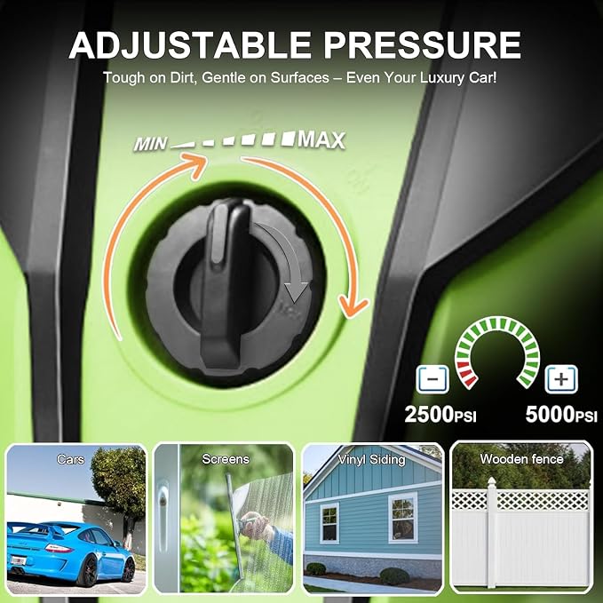Pressure Washer 5000 PSI Adjustable Pressure, Power Cleaners Powered with 33ft Pressure Hose, 4 Nozzles and 500ml Foam Cannon, Cleaner Machine for Home, Car, Green