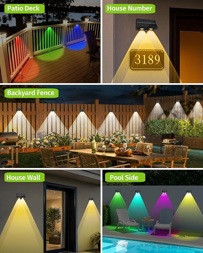 Solar Fence Lights Outdoor with Remote Control, RGB Color Changing & Warm/Cool White LED Deck Lights, High Brightness Dusk to Dawn Spot Lens for Deck and Step Stair Railing Patio Wall, IP65 Waterproof