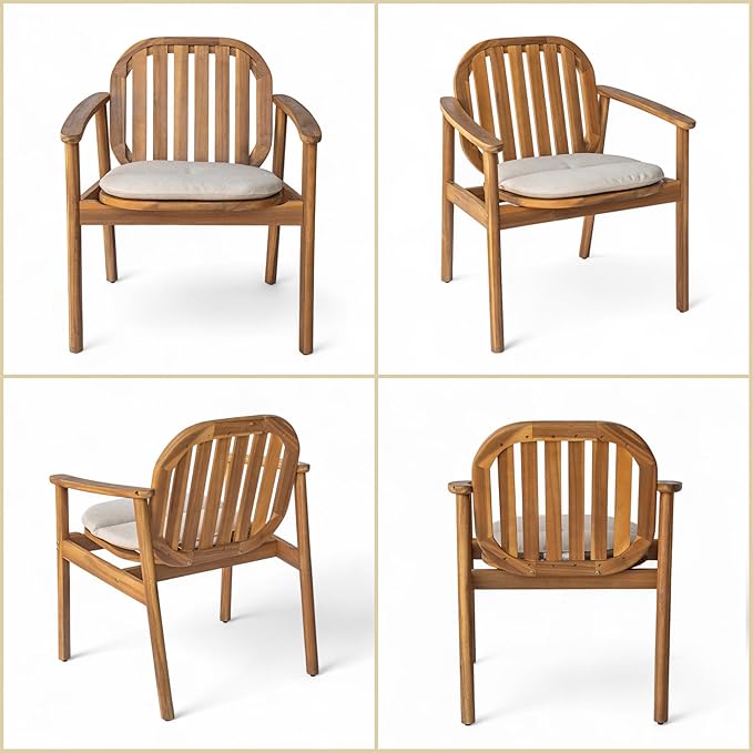 Merax 7 Piece Outdoor Patio Dining Set for 6, Patio Conversation Set with 6 Dining Chair with Armrests & Beige Cushions and Acacia Wood Dining Table, Patio Furniture Set for Desk Garden, Teak
