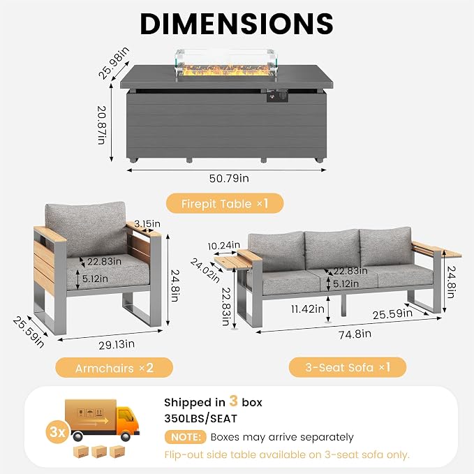 Sundale Outdoor Aluminum Patio Furniture Set with Fire Pit, 4 Piece Patio Conversation Sets with 5" Thick Cushions, Shimmer Coated Outdoor Couch with 2 Extendable Side Tables for Yard, Deck