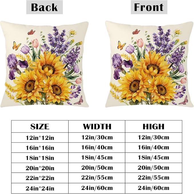 Sunflower Pillow Covers Spring Summer Throw Pillow Covers 18x18 Set of 2 Rustic Tulip Purple Lavender Flower Pillow Cases Butterfly Floral Cushion Case for Home Farmhouse