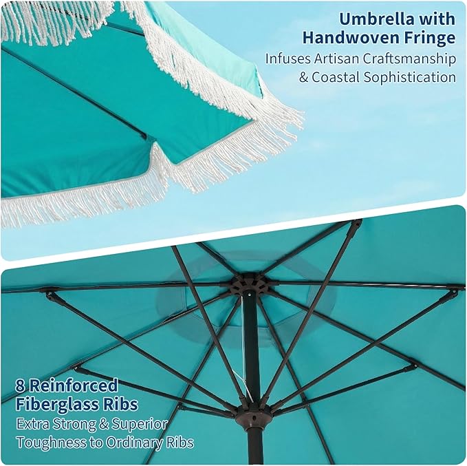 PeakPursuit 9 ft Patio Umbrella with Fringe, Tassel Outdoor Beach Umbrella for Sand with Push Button Tilt, 8 Fiberglass Ribs, UV 50+ Sun Protection for Garden, Pool, Backyard, Deck