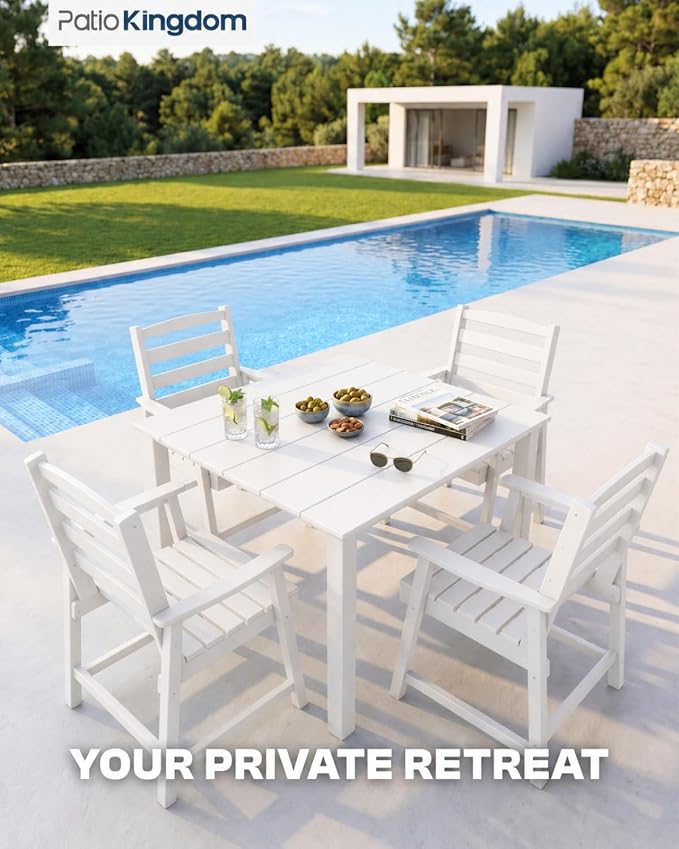 HDPE Outdoor Dining Set for 4, Armchairs, White | All-Weather HDPE, Wood Grain Finish, 42.5" Square Table, Built-In Umbrella Hole, Seats 4, Patio & Poolside Ready