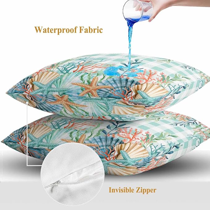 Throw Pillow Covers 20x20 Inch Set of 2, Summer Coastal Waterproof Outdoor Pillow Covers, Watercolor Corals Shells Starfish Green Plaid Decorative Cushion Pillowcases for Couch, Sofa, Bed, Patio