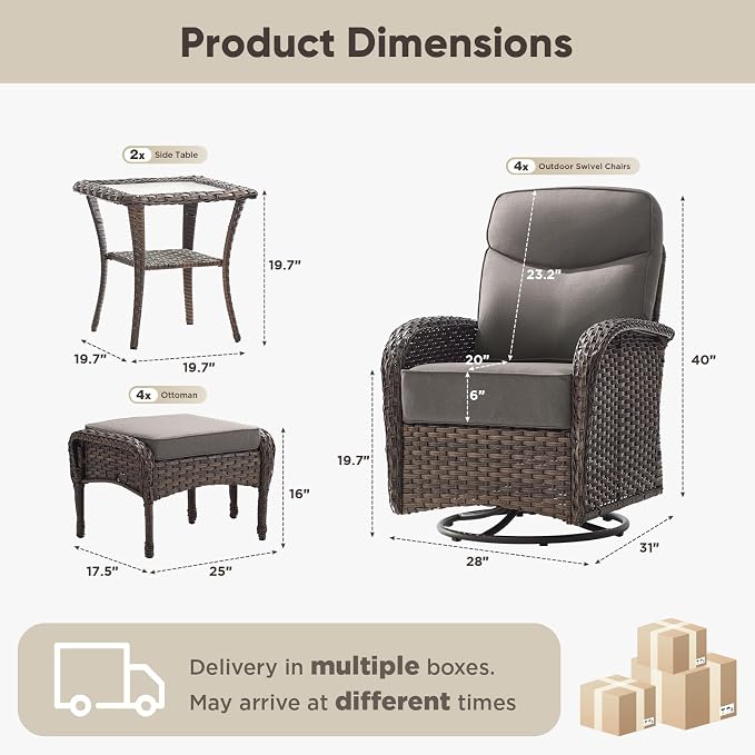 HUMMUH 4PCS Outdoor Swivel Rocker Patio Chairs with Ottomans,Luxury 6-inch Thick Cushion,High Back Patio Furniture Set,Wicker Conversation Set for Deck Yard and Poolside