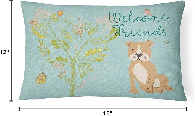 Caroline's Treasures BB7624PW1216 Welcome Friends Brown Staffie Canvas Fabric Decorative Pillow Machine Washable, Indoor Outdoor Decorative Pillow for Couch, Bed or Patio, 12HX16W