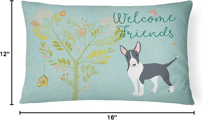 Caroline's Treasures BB7604PW1216 Welcome Friends Black Bull Terrier Canvas Fabric Decorative Pillow Machine Washable, Indoor Outdoor Decorative Pillow for Couch, Bed or Patio, 12HX16W