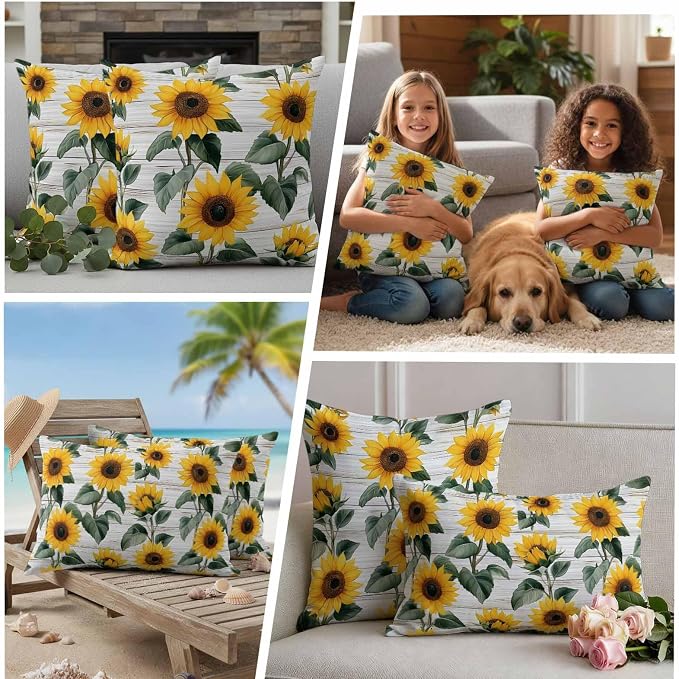 Country Sunflowers Waterproof Outdoor Pillow Covers Set of 2 Home Decor, Retro Pastoral Floral Wooden Plank Pillowcase Patio Pillow Covers for Couch Bench Furniture Garden 16x16in