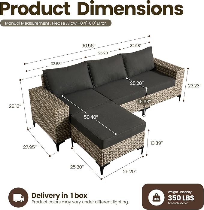 4-Piece Wicker Outdoor Sectional Furniture, Wide Armrest L-Shaped Patio Couch Set with Ottoman, Modern Modular Conversation Sets with Thick Cushion for Backyard Porch Balcony, Black