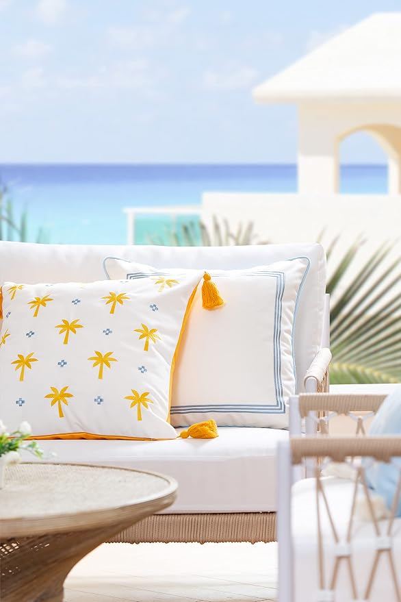 Hofdeco Premium Yellow Baby Blue Palm Tree Tassel Throw Pillow Cover, 20x20 Inch, Floral Pattern, Coastal Style, Indoor Outdoor Use