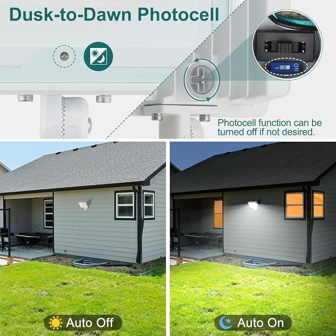 kadision 55W White LED Flood Light with Dusk-to-Dawn Photocell, 3000K/4000K/5000K Selectable, 120V 6600lm IP65 Waterproof Knuckle Mount Outdoor Security Lights, ETL Listed 2-Pack