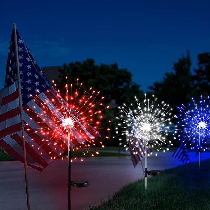 Tujoe 6 Pcs 4th of July Solar Firework Lights Patriotic Solar Light Outdoor Garden 120 LED 8 Modes Waterproof LED Sparkler Light for 250th Anniversary Patio Yard Pathway Walkway (Red,White,Blue)