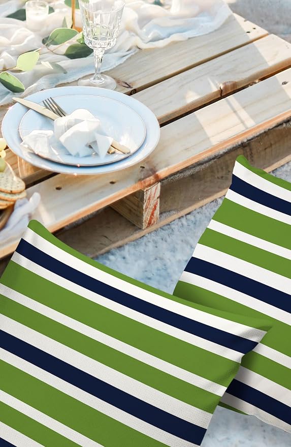Outdoor Waterproof Pillow Covers for Patio Furniture Navy Blue Green Stripes Decorative Throw Pillow Cover Lime Green Stripes Pillowcases Set of 2 Cushion Case for Sofa Couch Chair 20 x 20 Inches