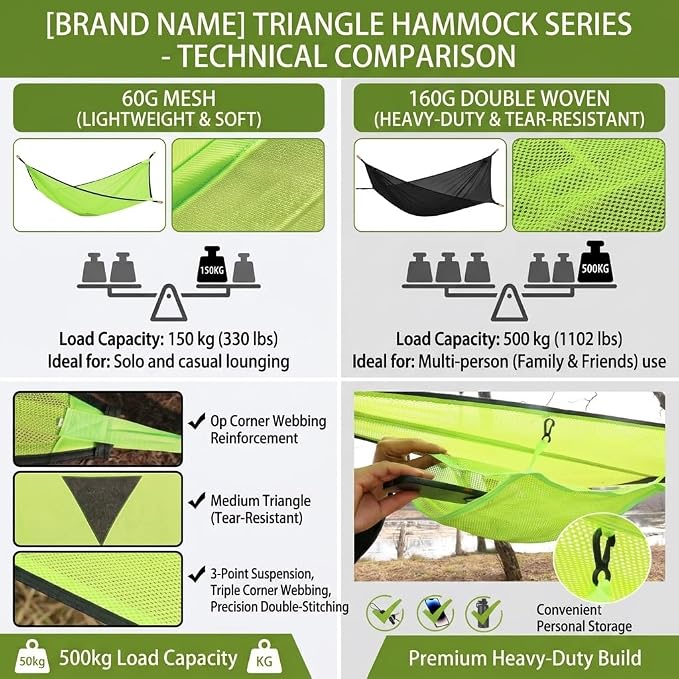 Multi-person triangular hammock, aerial camping hammock, suspended type, suitable for outdoor adventures, hiking, backyards, and gardens, includes straps, buckles, and storage bag (Black, 157in*157in)
