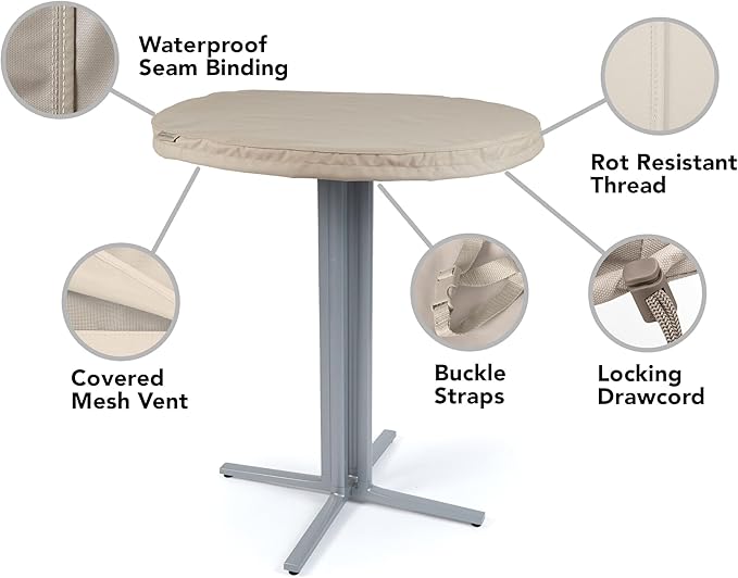 Covermates Ultima Outdoor Round Dining Table Top Cover – Rip-Resistant All-Weather Water-Resistant Polyester, Mesh Vent, Drawcord & Buckle Straps, Patio Protection, Round 18-24 DIAMETER, Ripstop Tan
